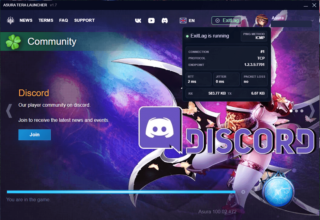TERA: Asura launcher with ExitLag integration running