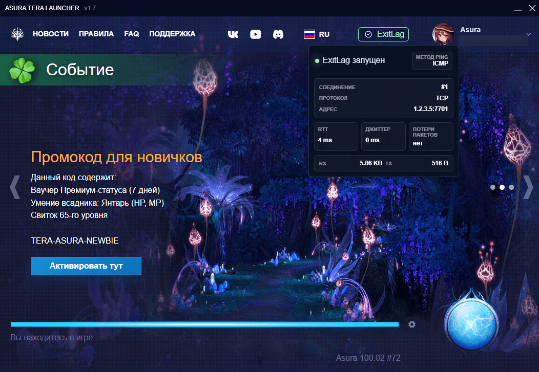 Лаунчер TERA: Asura с запущенной интеграцией ExitLag